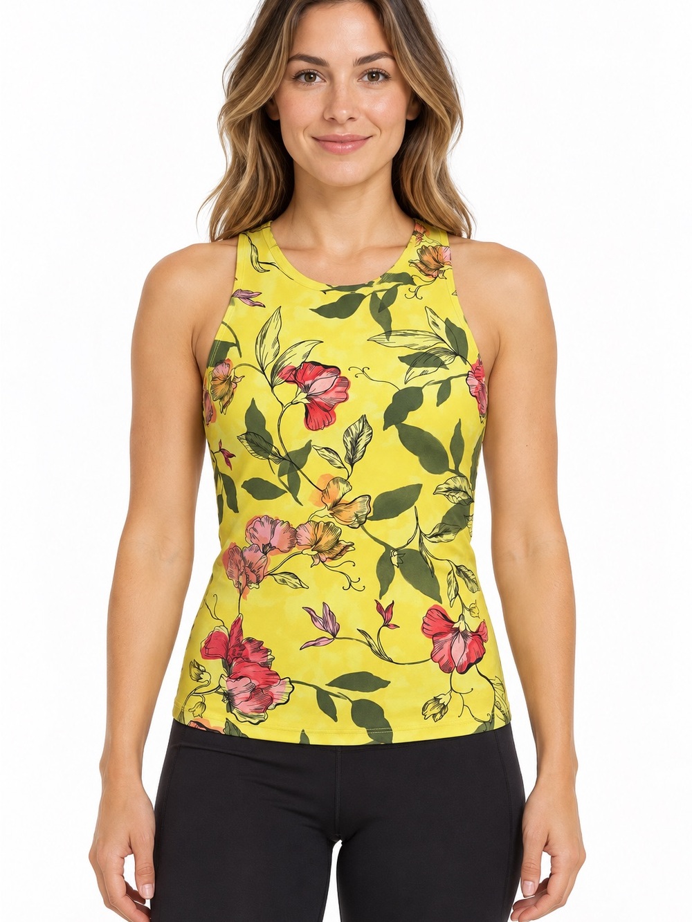 Athleta Yellow Floral High Neck Split Back Workout Tank Medium Athleisure